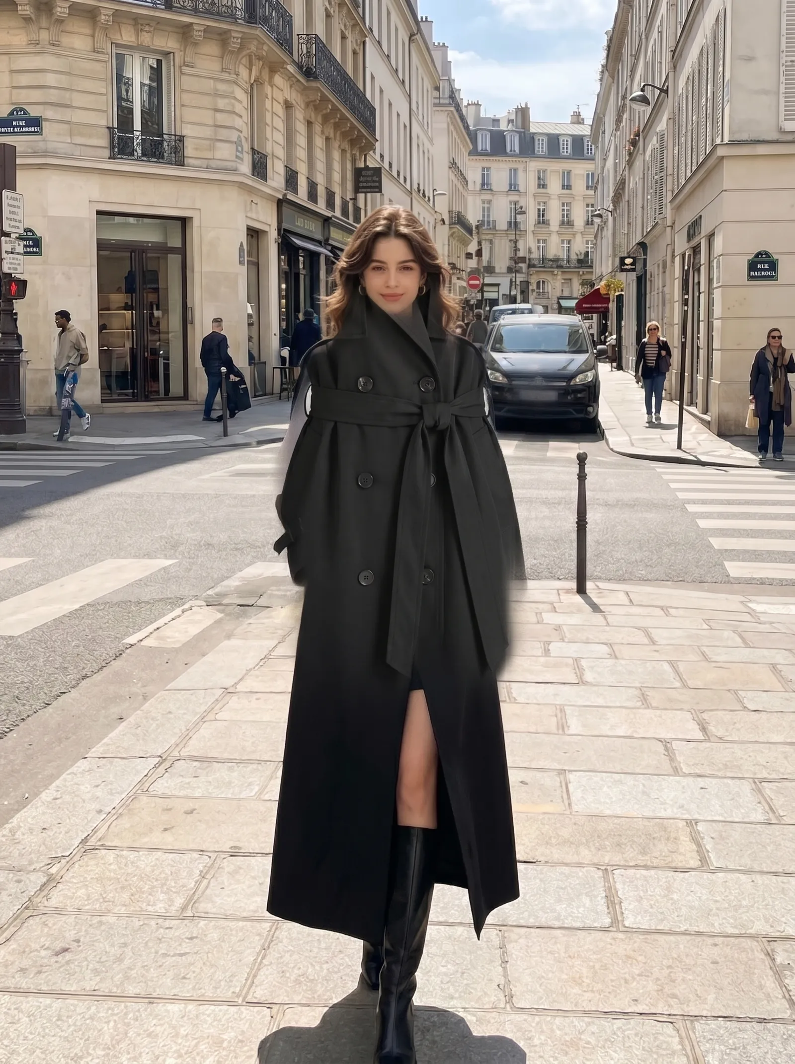 Femme marchant en ville dans un trench long noir, ceinture nouée.