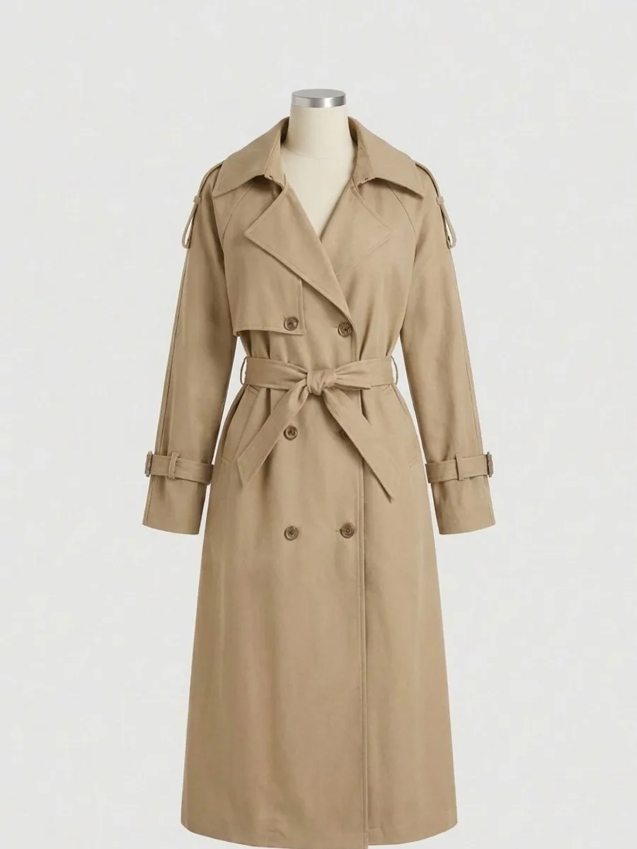 Trench long ceinturé camel, double boutonnage, sur mannequin.