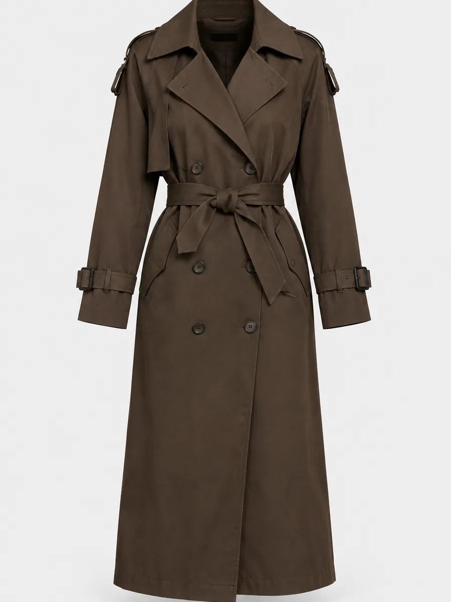 Trench long ceinturé chocolat, double boutonnage, pattes d'épaule.